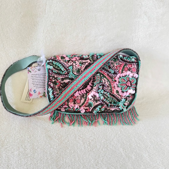 Viral Beaded Pink, Blue, & Purple Paisley Shoulder Bag w/ Beaded Fringe - Picture 6 of 8